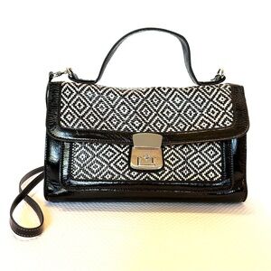 Melie Bianco Patent with Black & White Straw Geometric Satchel Handbag Purse Bag